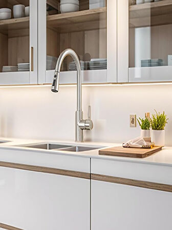 Spiralli Eviye Bataryası Inox Lavabo Mutfak Musluğu Aşağı Çekilebilir Püskürtmeli Paslanmaz Çelik