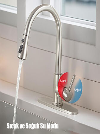 Spiralli Eviye Bataryası Inox Lavabo Mutfak Musluğu Aşağı Çekilebilir Püskürtmeli Paslanmaz Çelik