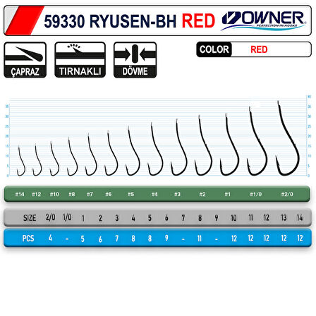 Owner 59330 Ryusen BH Worm Tırnaklı İğne #2/0 (4 Adet) Kırmızı