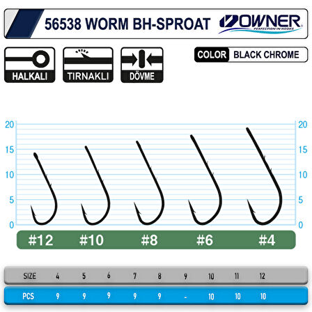 Owner 56538 Worm BH Sproat Black Chrome Tekli İğne #10 (10 Adet)