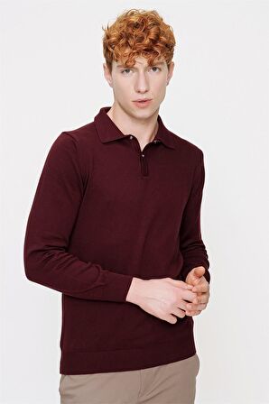  Koyu Bordo Dinamik fit Basic Polo Yaka Triko Kazak