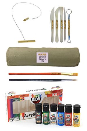 Beyaz Seramik Hamuru 6 Kg Kil Kesme Teli 5'li Ebeşuar Rich Funny Kids 20 Ml Akrilik 6 Lı Set