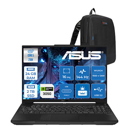 Asus Tuf Gaming F16 FX607VJ Intel Core 5-210H 24GB 2tb SSD RTX3050 6gb 16 Inç Wuxga 144Hz IPS Freedos Gaming Notebook RL033F14 + Zetta Çanta