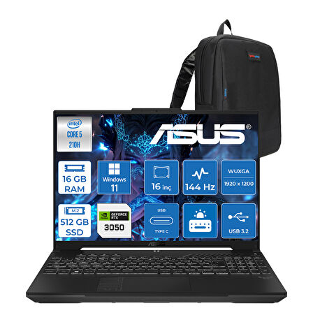 Asus Tuf Gaming F16 FX607VJ Intel Core 5-210H 16GB 512GB SSD RTX3050 6gb 16 Inç Wuxga 144Hz IPS Windows 11 Pro Gaming Notebook RL033P07 + Zetta Çanta