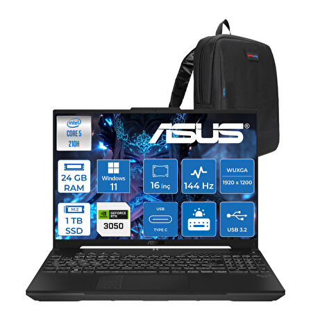 Asus Tuf Gaming F16 FX607VJ Intel Core 5-210H 24GB 1tb SSD RTX3050 6gb 16 Inç Wuxga 144Hz IPS Windows 11 Pro Gaming Notebook RL033P13 + Zetta Çanta