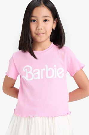 DeFacto Kız Çocuk Barbie Fitted Bisiklet Yaka Ribana Kısa Kollu Tişört E2614A825SMPN666