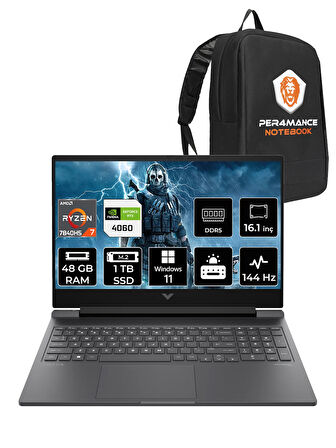 HP Victus 16 R7 7840HS 48GB RAM 1TB SSD RTX4060/8GB 165Hz 16.1'' FHD W11P Gaming Laptop & PER4 ÇANTA