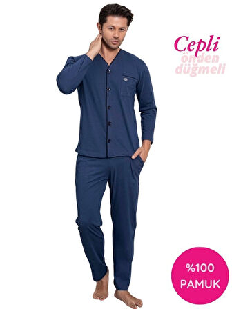 Erkek V Yaka Önden Düğmeli Göğüs Cepli %100 Pamuk Uzun Kol Cepli Pijama Takımı-Dede Hastane Pijaması