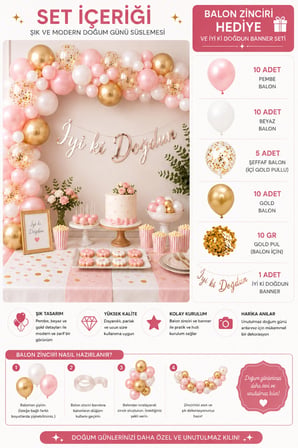 Dehaparty Doğum Günü Parti Seti Pembe Beyaz Gold Balon Konfeti Banner (35 Adet)