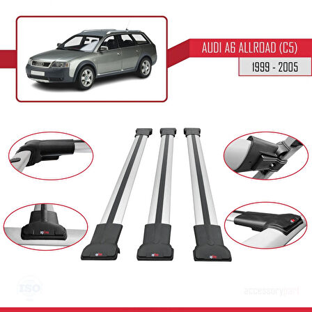 A6 (C5) Allroad 1999-2005 Arası ile Uyumlu FLY Model Ara Atkı Tavan Barı Gri 3 Adet