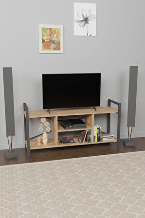 Tv Ünitesi Raflı Metal Ayaklı Tv Sehpası Atlantik Çam