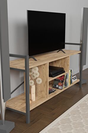 Tv Ünitesi Raflı Metal Ayaklı Tv Sehpası Atlantik Çam
