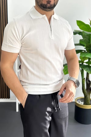 Erkek Slim Fit Fermuarlı Polo Yaka Tişört Beyaz Edw452