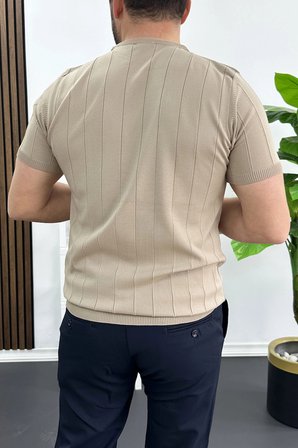 Erkek Bisiklet Yaka Çizgili Tişört Vizon Edw456