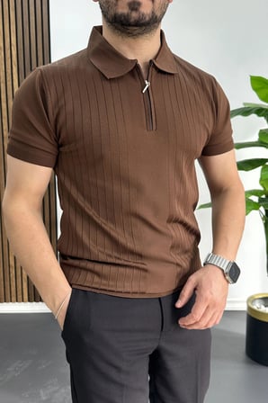 Erkek Çizgi Desenli Polo Yaka Kahverengi Edw458