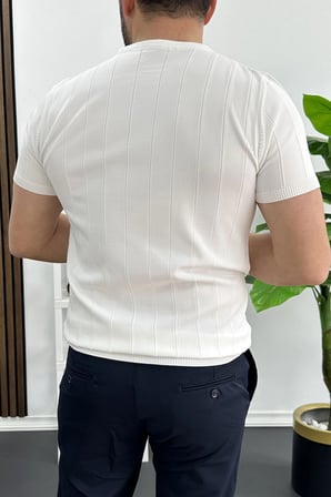 Erkek Bisiklet Yaka Çizgili Tişört Beyaz Edw456