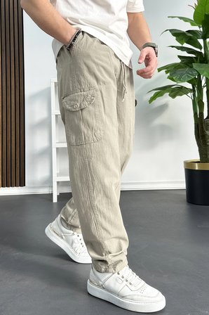 Erkek Baggy Kalıp Kargo Cepli Pantolon Bej Edw131