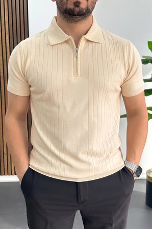 Erkek Çizgi Desenli Polo Yaka Krem Edw458