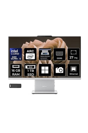 Ideacentre 27ILL11 Intel Core Ultra 5 226V 16GB RAM 1TB SSD 27" Full HD (1920x1080) Win11 Home F0JW000YTRP309 Beyaz All In One Bilgisayar + Per4 USB Bellek