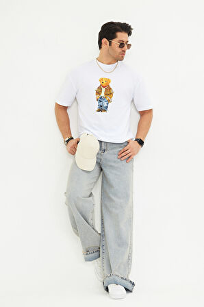  Teddy Bear Desenli Rahat Kesim Erkek Oversize Pamuklu Bisiklet Yaka Baskılı Tişört