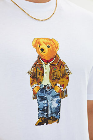  Teddy Bear Desenli Rahat Kesim Erkek Oversize Pamuklu Bisiklet Yaka Baskılı Tişört