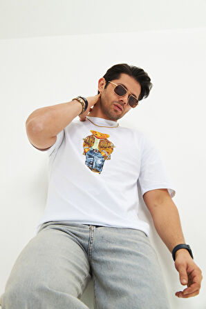  Teddy Bear Desenli Rahat Kesim Erkek Oversize Pamuklu Bisiklet Yaka Baskılı Tişört