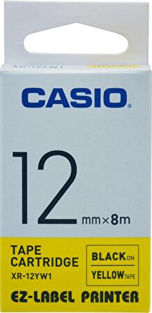 Casio XR-12YW1 Etiket Yazıcısı Kartuşu Sarı Zemin Üzerine Siyah Baskı 12MM Yükseklik - 8 Metre Uzunl