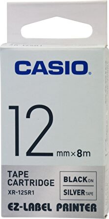 Casio XR-12SR1 (Silver/black) Etiket Yazıcısı Kartuşu Gümüş Renk Üstüne Siyah Baskı