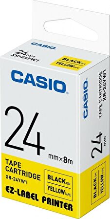 Casio XR-24YW1 Etiket Yazıcısı Kartuşu Sarı Zemin Üzerine Siyah Baskı 24MM Yükseklik - 8 Metre Uzunl
