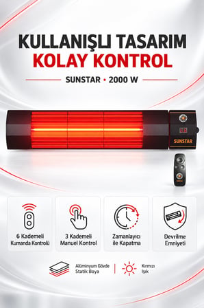 Sunstar Profesyonel 2000 W Kumandalı Halojen Isıtıcı – 6 Kademeli Uzaktan Kontrol, Zamanlayıcı, Devr