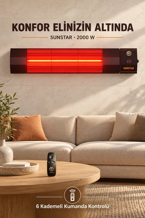 Sunstar Profesyonel 2000 W Kumandalı Halojen Isıtıcı – 6 Kademeli Uzaktan Kontrol, Zamanlayıcı, Devr