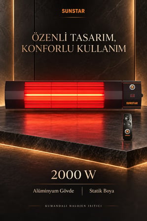Sunstar Profesyonel 2000 W Kumandalı Halojen Isıtıcı – 6 Kademeli Uzaktan Kontrol, Zamanlayıcı, Devr