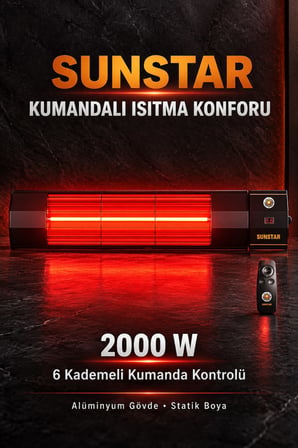 Sunstar Profesyonel 2000 W Kumandalı Halojen Isıtıcı – 6 Kademeli Uzaktan Kontrol, Zamanlayıcı, Devr