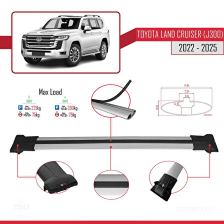 Toyota Land Cruiser (J300) 2022 ve Sonrası ile Uyumlu FLY Model Ara Atkı Tavan Barı Gri 3 Adet