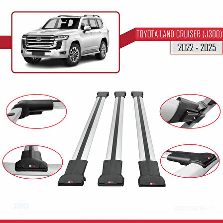 Toyota Land Cruiser (J300) 2022 ve Sonrası ile Uyumlu FLY Model Ara Atkı Tavan Barı Gri 3 Adet
