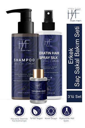 Erkek 3'lü Saç Sakal Bakım Seti:Dökülme Karşıtı Şampuan+Keratin Saç Spreyi+ Saç Sakal Serumu