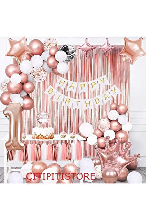 Rose Gold Kral Taçlı 1 Yaş Doğum Günü Balon Seti