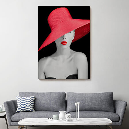 Kırmızı Rujlu ve Kırmızı Şapkalı Zarif Genç Kadın Kanvas Tablosu-4974