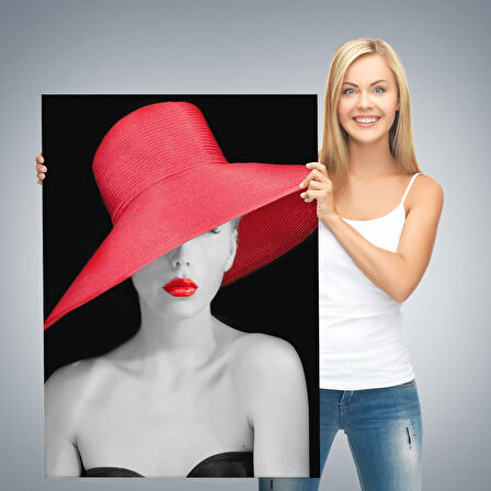 Kırmızı Rujlu ve Kırmızı Şapkalı Zarif Genç Kadın Kanvas Tablosu-4974