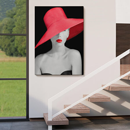 Kırmızı Rujlu ve Kırmızı Şapkalı Zarif Genç Kadın Kanvas Tablosu-4974