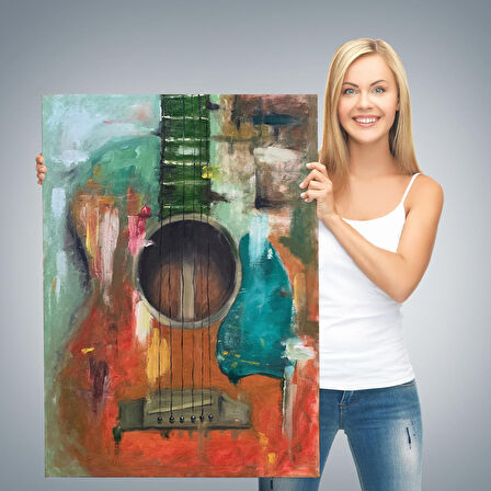 Gitar Temalı Yağlıboya Görünüm Dekoratif Kanvas Duvar Tablosu, Sanat Evi Kanvas Tablo-4976