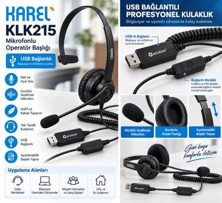 KAREL KLK215 USB Mikrofonlu Operatör Başlığı – USB Bağlantılı Profesyonel Kulaklık