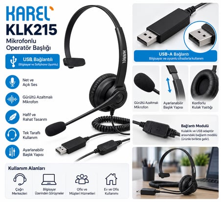 KAREL KLK215 USB Mikrofonlu Operatör Başlığı – USB Bağlantılı Profesyonel Kulaklık