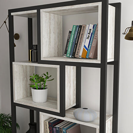 Oykotra Serisi Kitaplık 5 Büyük Raflı 90 cm Ceviz Desen Siyah Metal Ayak Kitaplık