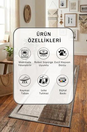 Kahve Kare Yıkanabilir Yolluk Halı Kaymaz Taban Salon Mutfak Kahve