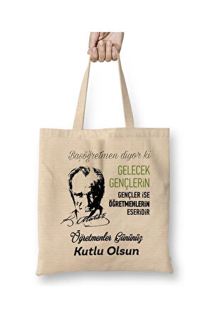 Atatürk Öğretmenler Günü Öğretmene Hediye Beyaz Bez Çanta Uzun Saplı Alışveriş Çantası Plaj Çantası