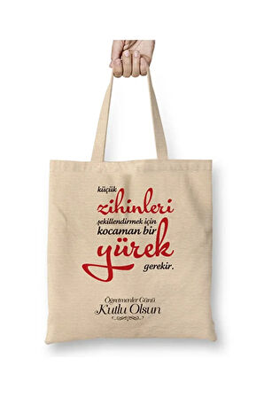 Öğretmenler Günü Öğretmene Hediye Beyaz Bez Çanta Uzun Saplı Alışveriş Çantası Plaj Çantası