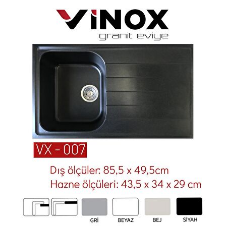 Vinox Siyah Tek Göz Granit Eviye 85,5X49,5 Vx007