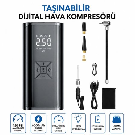 Kablosuz Hava Kompresörü 150 PSI 6000 mAh Dijital Lastik Şişirme Pompası 120W LED Ekranlı Taşınabilir
