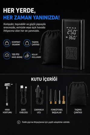 Kablosuz Hava Kompresörü 150 PSI 6000 mAh Dijital Lastik Şişirme Pompası 120W LED Ekranlı Taşınabilir